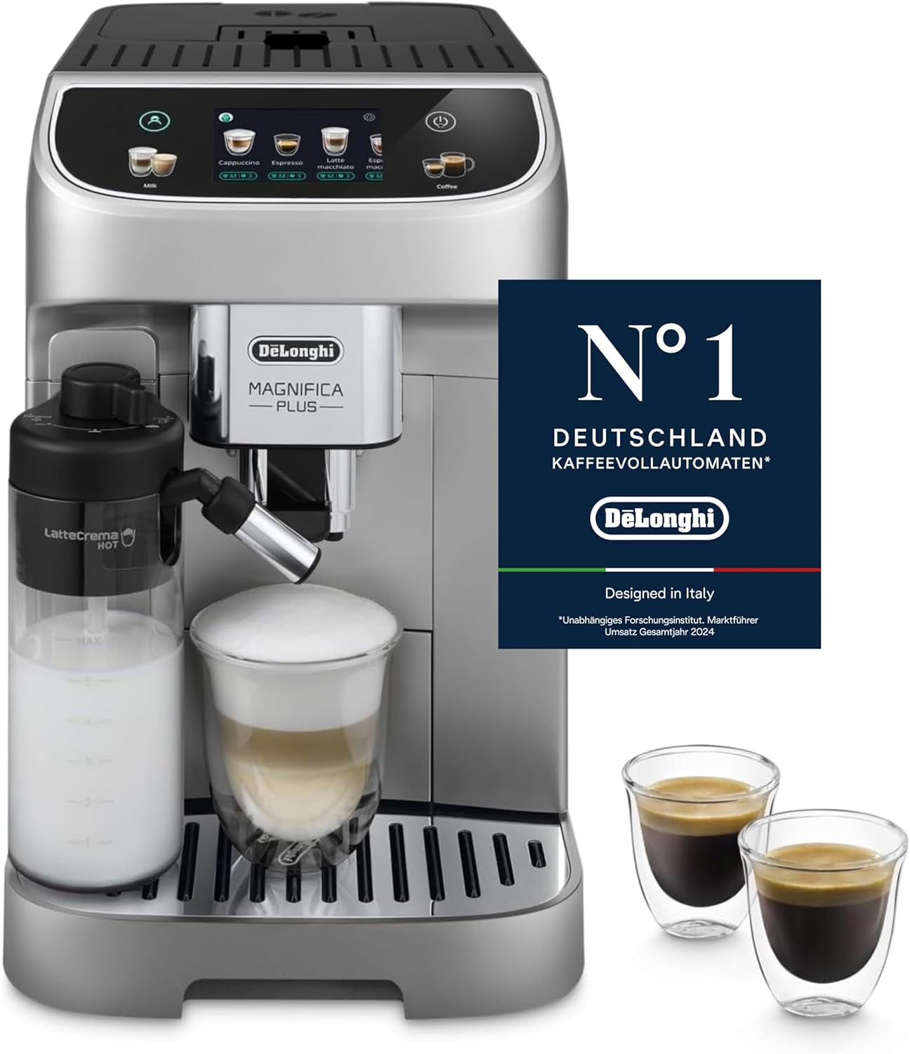 De'Longhi Magnifica Evo Next - Cafetera totalmente automática Perfetto con espumador de leche LatteCrema, 13 bebidas con un solo toque, cafetera y capuchino, pantalla táctil a color, titanio (ECAM312.80.TB)