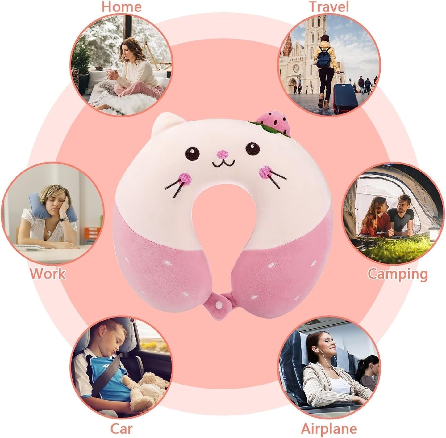 Litimkat Almohada para el cuello para niños, almohada portátil para el cuello, almohada de viaje, almohada de espuma viscoelástica en forma de U, almohada de viaje, avión, coche, tren, oficina, hogar, lindo patrón de animales, funda de almohada desmontable (rosa) Almohadas ortopédicas cervicales Naty Shop