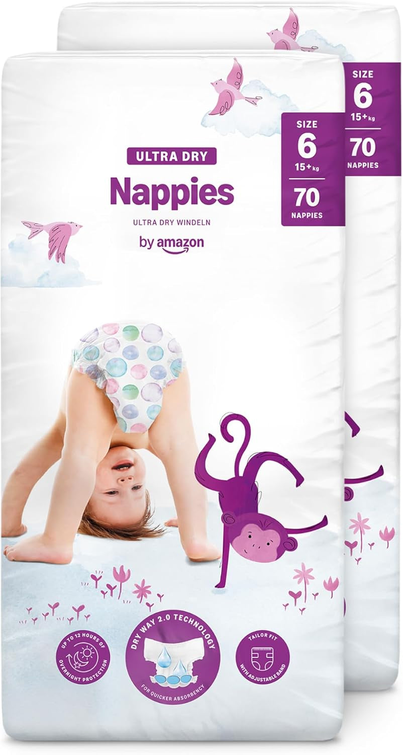 Pañales Amazon Ultra Dry, tamaño 1 (2-5 kg) - Caja mensual, blanco, 96 unidades (2 paquetes de 48) (anteriormente marca Mama Bear, producto idéntico)