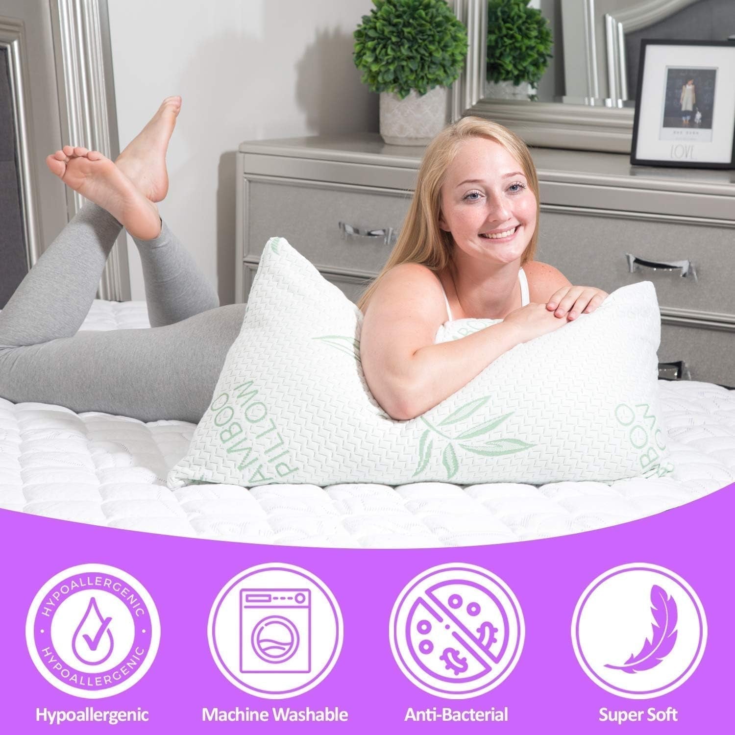 Paquete de 2 almohadas de bambú King Size - Almohada de cama ajustable de espuma viscoelástica triturada - Espalda, barriga, para dormir de lado, funda extraíble, alternativa refrescante al plumón de hotel, King (paquete de 2) Naty Shop Standard Pillows