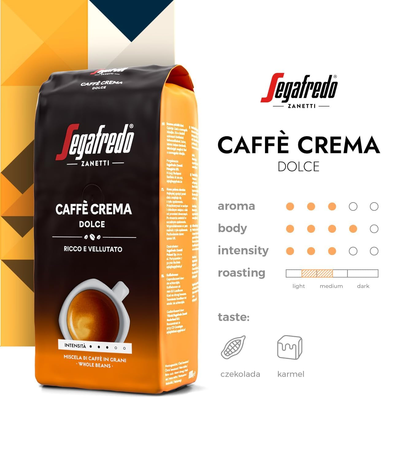 Segafredo Zanetti Caffè Crema Dolce - Granos enteros (paquete de 1 kg) - Apto para Caffè Crema - Café en grano de tostado ligero a medio con un sabor suave y equilibrado (paquete de 2)
