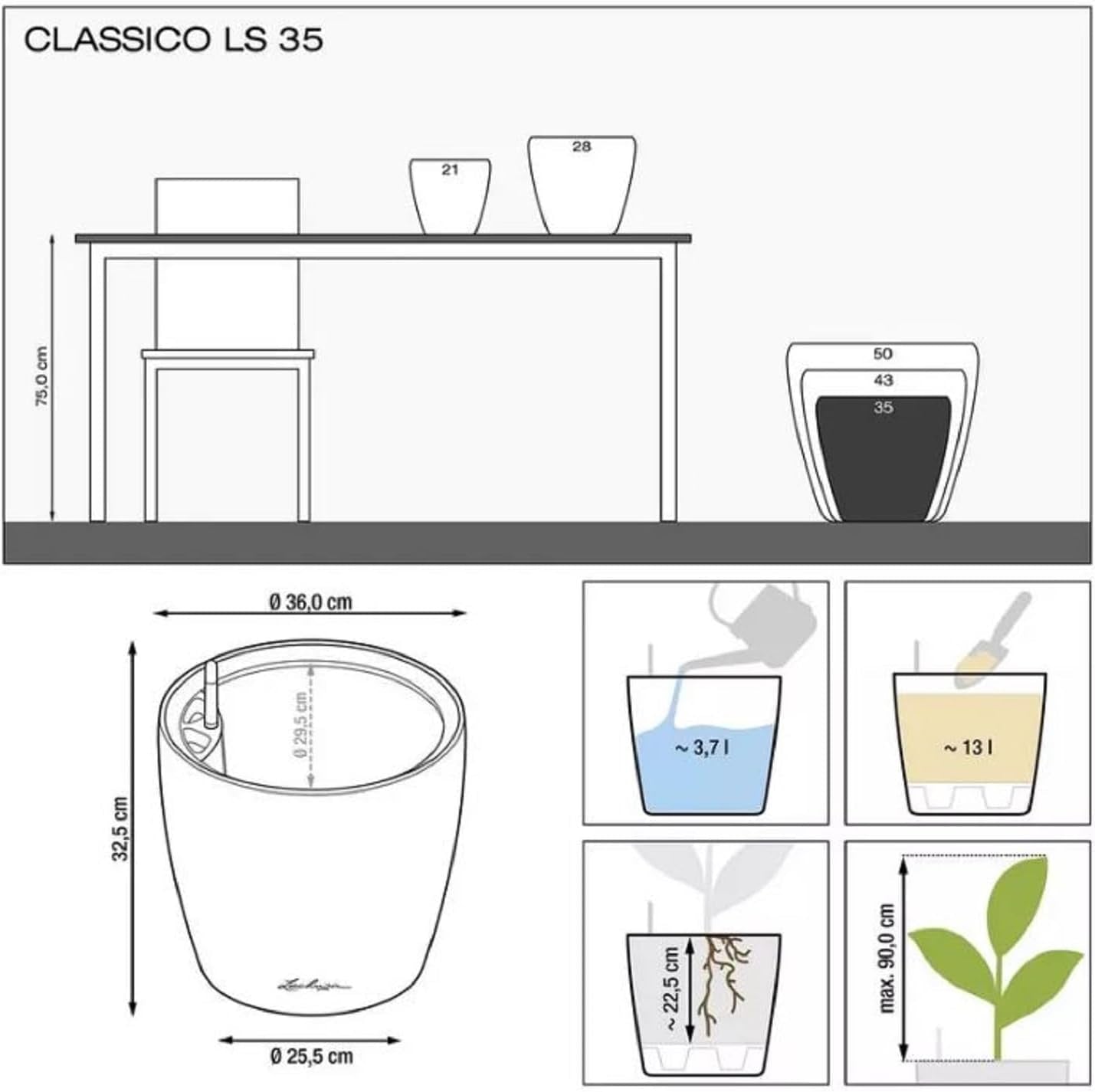 Jardinera LECHUZA Classico Color LS gris pizarra con sistema de riego |Ø 35 × 32 cm|14281