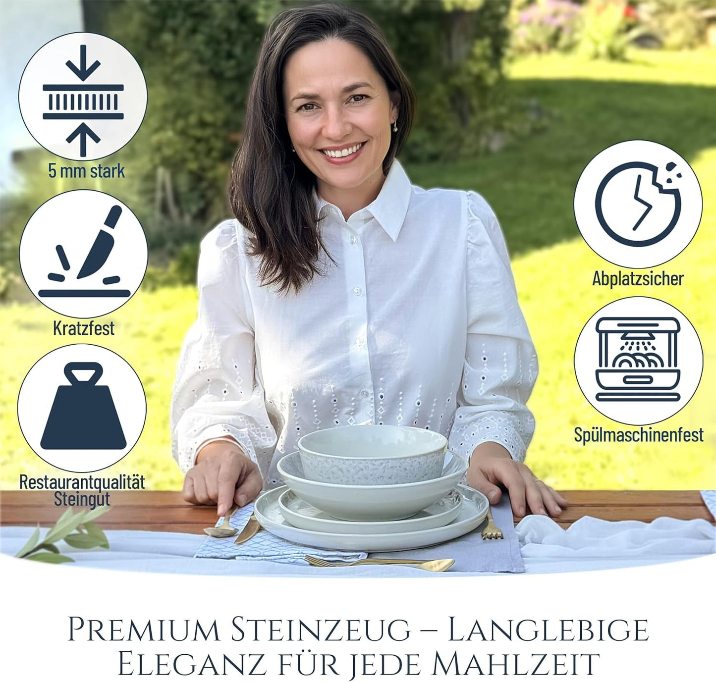 Vajilla para 12 personas de gres cerámico de 48 piezas, diseño Ibiza, GANADORA DE LA PRUEBA. Precioso juego de vajilla mediterránea de gres cerámico que incluye cuencos y platos. Juego de vajilla Pure Living, color beige.