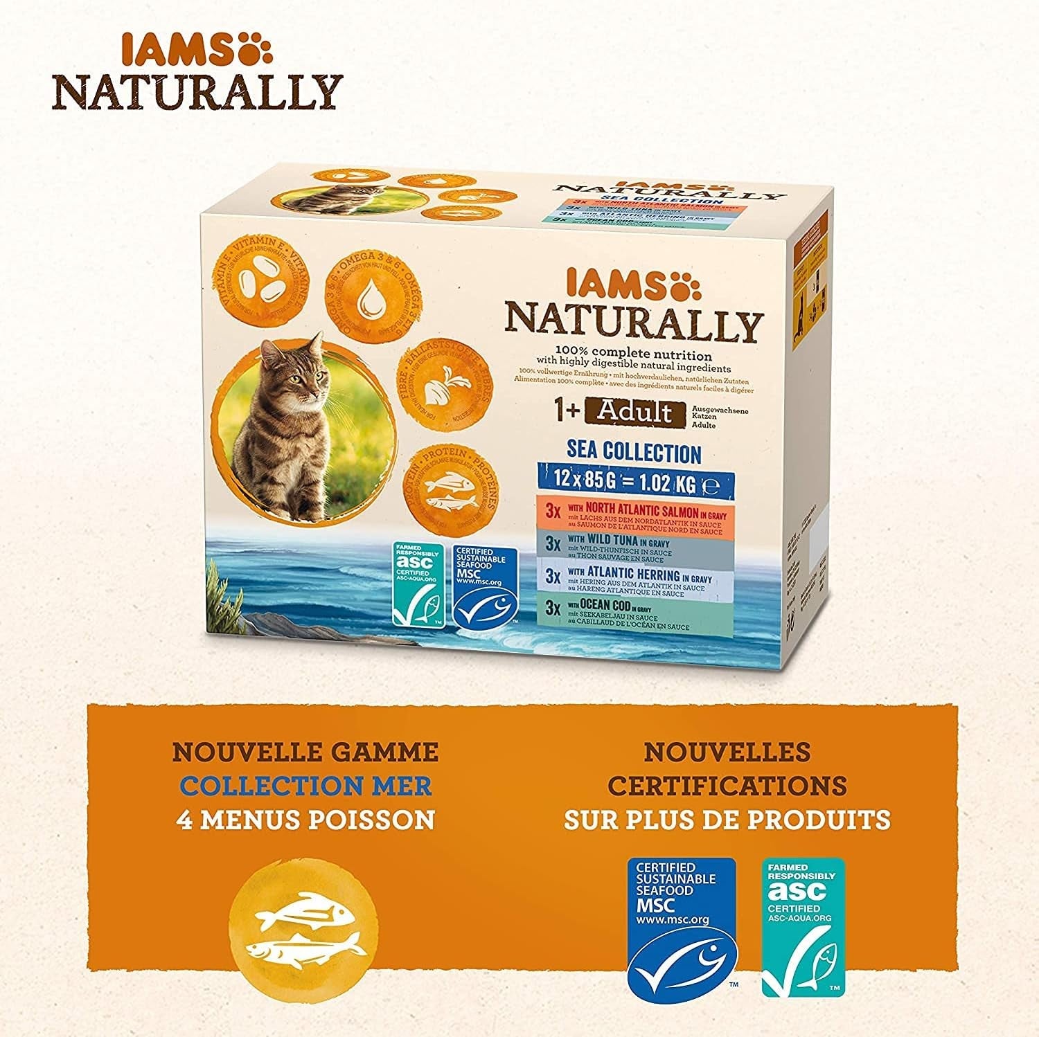 IAMS Comida Húmeda Natural para Gatos en Salsa - Comida Húmeda de Alta Calidad con Pescado para Gatos Adultos, Colección Mar, 12 x 85 g