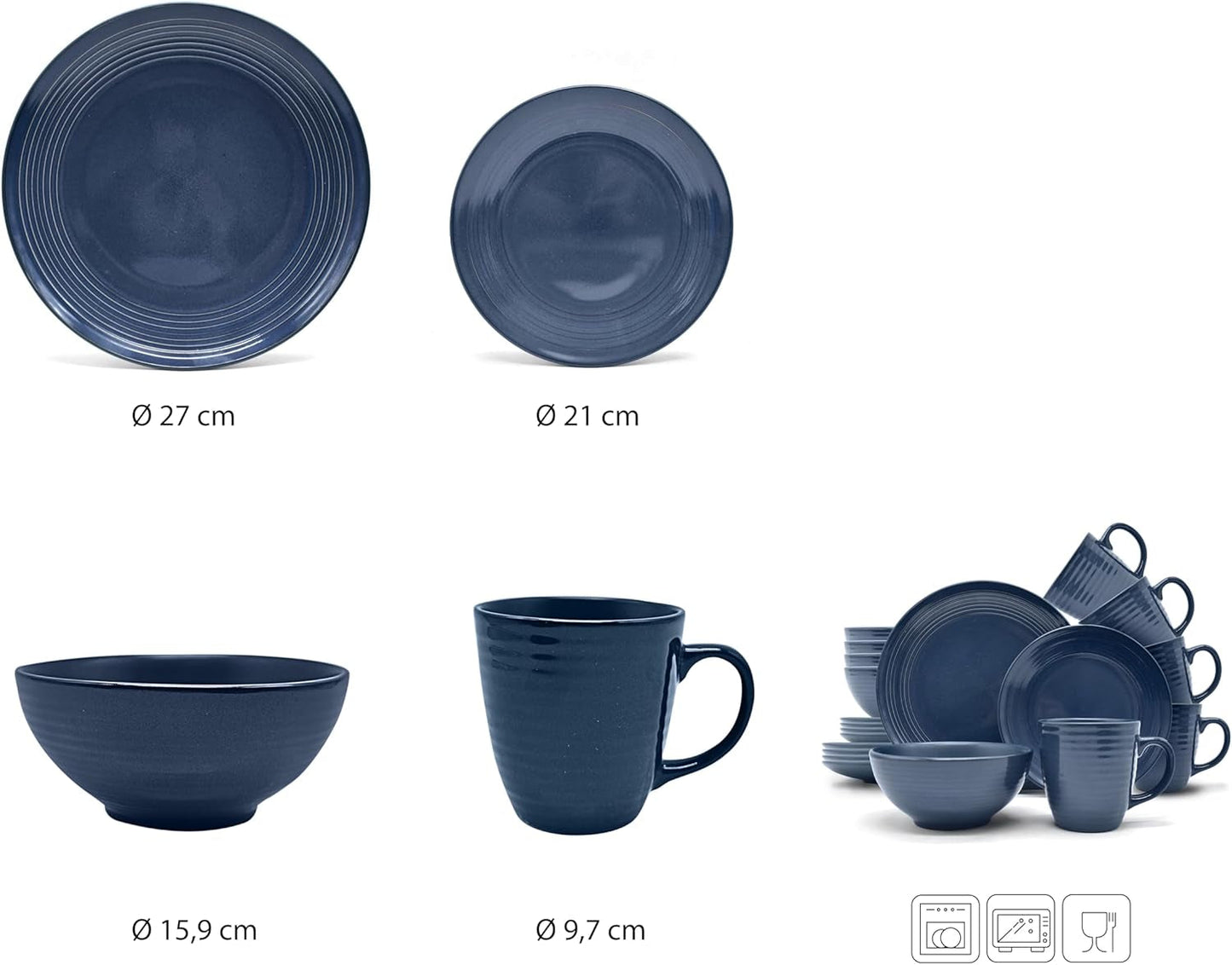 ECHTWERK "Alicia" Vajilla combinada vintage de 16 piezas, diseño moderno para 4 personas, elegante vajilla de gres azul oscuro con 4 platos, 4 guarniciones, 4 cuencos, 4 tazas de té