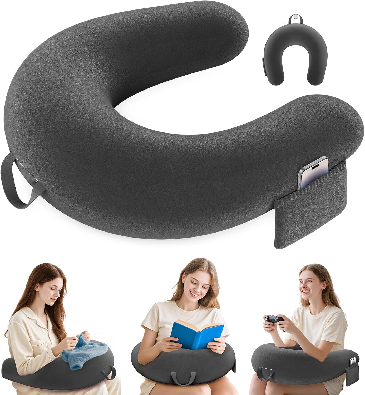 Almohada de lectura y juegos, almohada de lectura para cama/sofá/suelo, almohada de alimentación/ganchillo con gran almohada ergonómica para juegos, almohada de jugador para iPad/portátil - negro