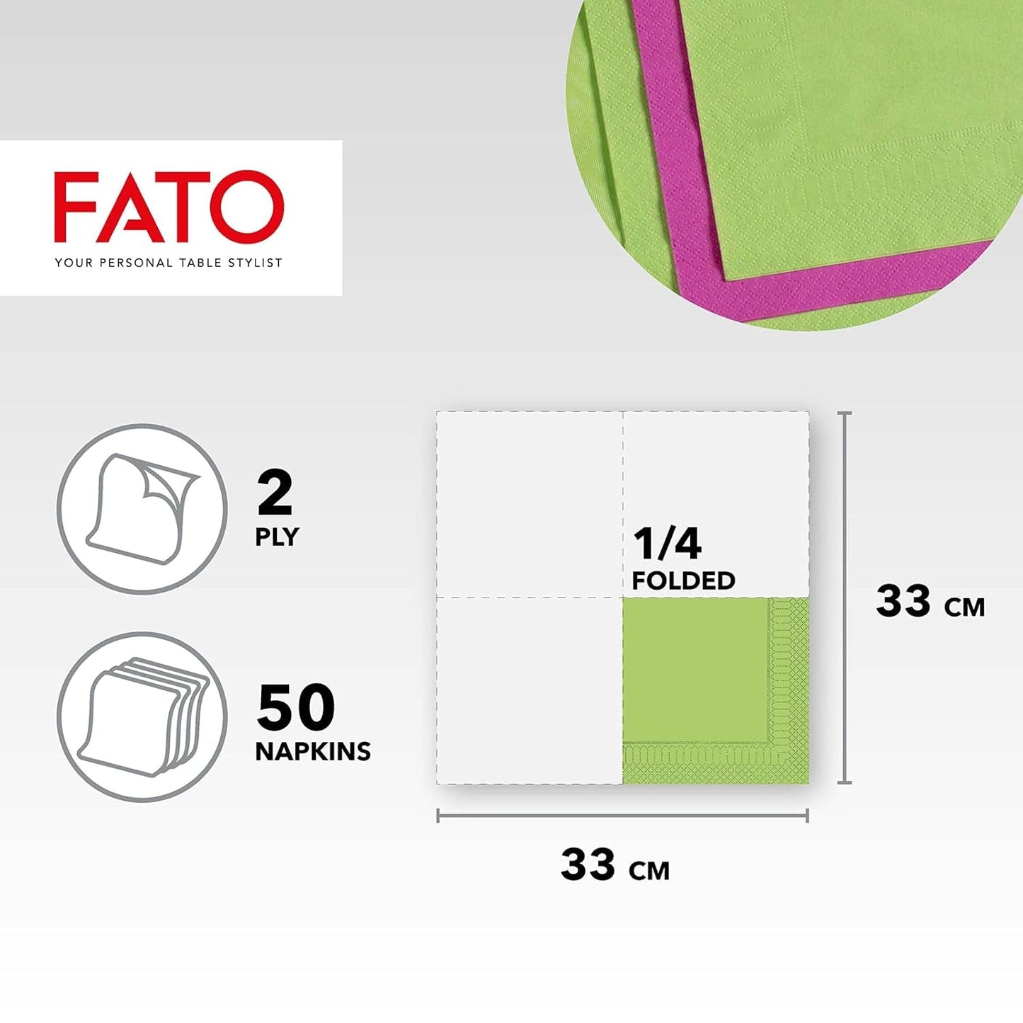 , Servilletas de papel desechables, Ideales para almuerzos informales y buffets, Paquete de 50 servilletas, Tamaño 33X33, 4 pliegues, 2 capas, Color verde manzana, Papel de celulosa 100% pura, FSC