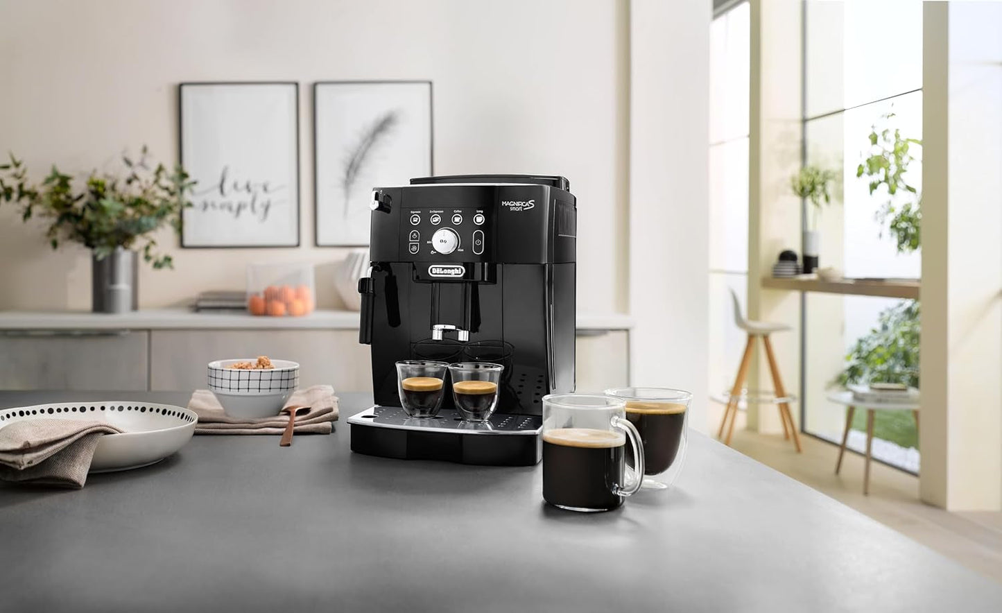 De'Longhi Magnifica S Smart ECAM 230.13.B Cafetera espresso totalmente automática con espumador de leche para capuchino, espresso, café y café largo, botones de selección directa y mando giratorio, función 2 tazas, negra