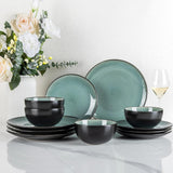 GBhome Juego de vajilla de porcelana para 4 personas, 12 piezas, esmaltado reactivo, hecho a mano, apto para microondas y lavavajillas, juego de platos y cuencos, color petróleo GDW025WB-EU