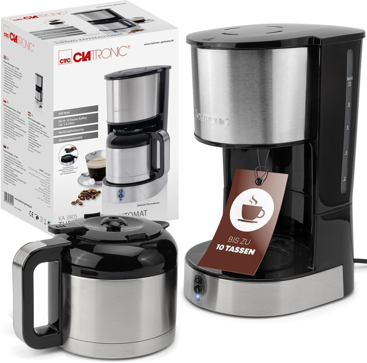 Cafetera Clatronic® con jarra termo para 8-10 tazas de café (aprox. 1,2 l) | Cafetera de filtro de acero inoxidable | Jarra Termo de Doble Pared | Sin pérdida de temperatura | Cafetera 800 W | KA 3805