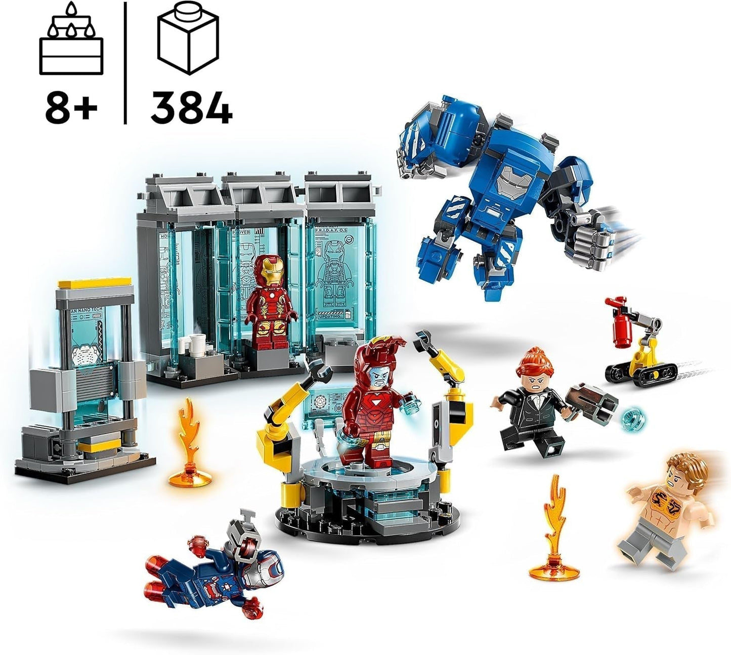 LEGO Marvel Laboratorio de Iron Man: Salón de la Armadura - Juguete de superhéroe con figura mecánica, 5 minifiguras, incluido Aldrich Killian - Regalo de los Vengadores para niños y niñas a partir de 8 años 76315 Juegos de construcción Beuche den LEGO-Store