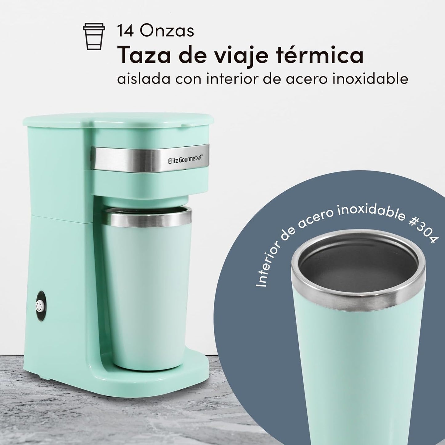 EHC113M# Cafetera espresso personal compacta con filtro de una sola porción con taza térmica de viaje de acero inoxidable en el interior Filtro reutilizable de café molido Verde menta 400 ml