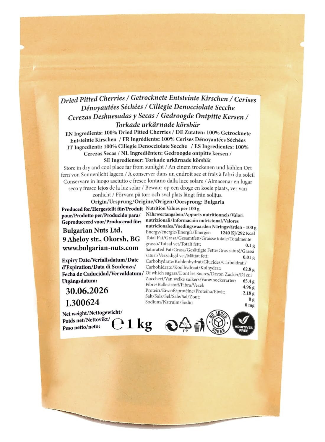 1 kg de cerezas naturalmente dulces, secadas al sol y sin hueso, sin azúcar añadido, sin aditivos ni conservantes. Cerezas reales, sabor real. Naty Shop productos deshidratados