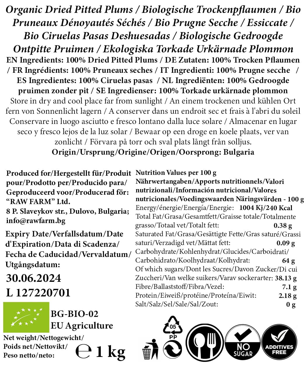 1 kg de ciruelas secas ecológicas con hueso blando, sin aditivos ni conservantes, totalmente naturales Productos deshidratados Naty Shop