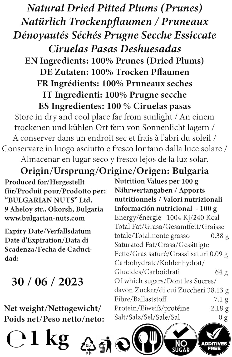 1 kg Ciruelas secas de forma natural, sin hueso, sin aditivos, sin azúcar, sin edulcorantes, nada artificial, procedentes de huertas búlgaras Productos deshidratados Naty Shop