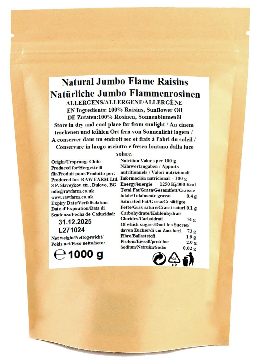 1 kg de pasas Jumbo Flame crudas, fruta entera, sin gluten, sin soja, sin azúcares añadidos, sin conservantes, sin edulcorantes, con aceite de girasol Productos deshidratados Naty Shop