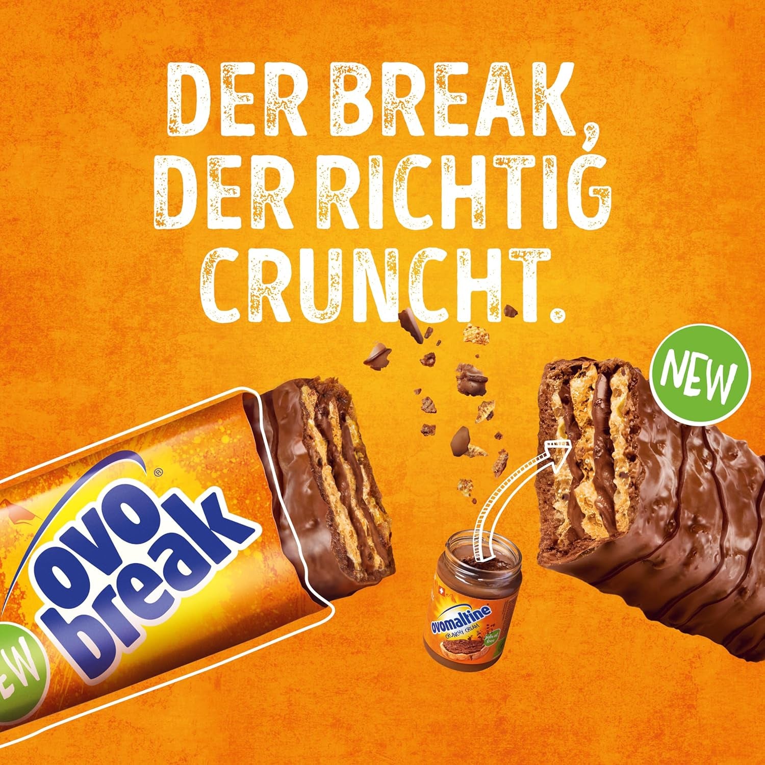 Ovomaltine OVO BREAK Oblea y barra de chocolate: un snack crujiente con el sabor inconfundible de nuestra popular Creme Crocante, naturalmente sin aceite de palma (4 x 39 g)