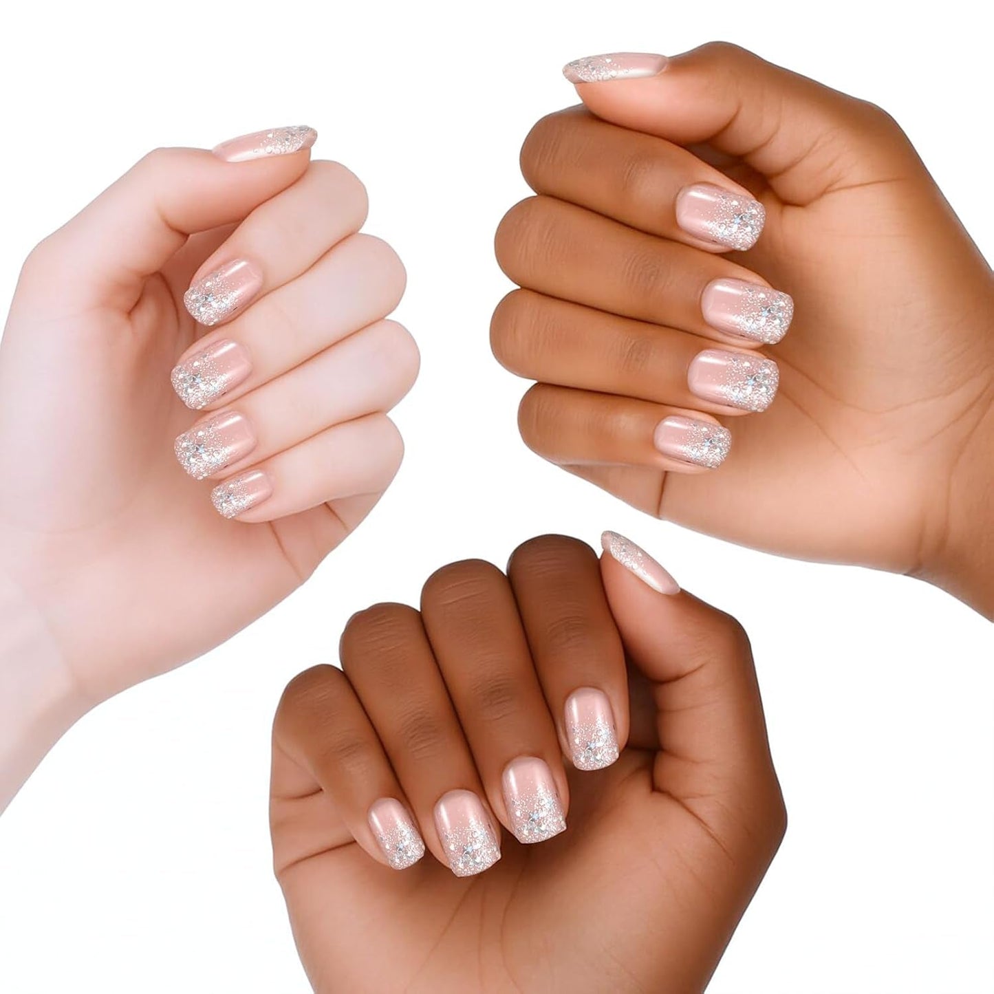 48 Uds pegamento corto en las uñas 2 estilos uñas francesas cuadradas cortas con pegamento para uñas y lima de uñas uñas postizas ombré rosa y blanco para mujer