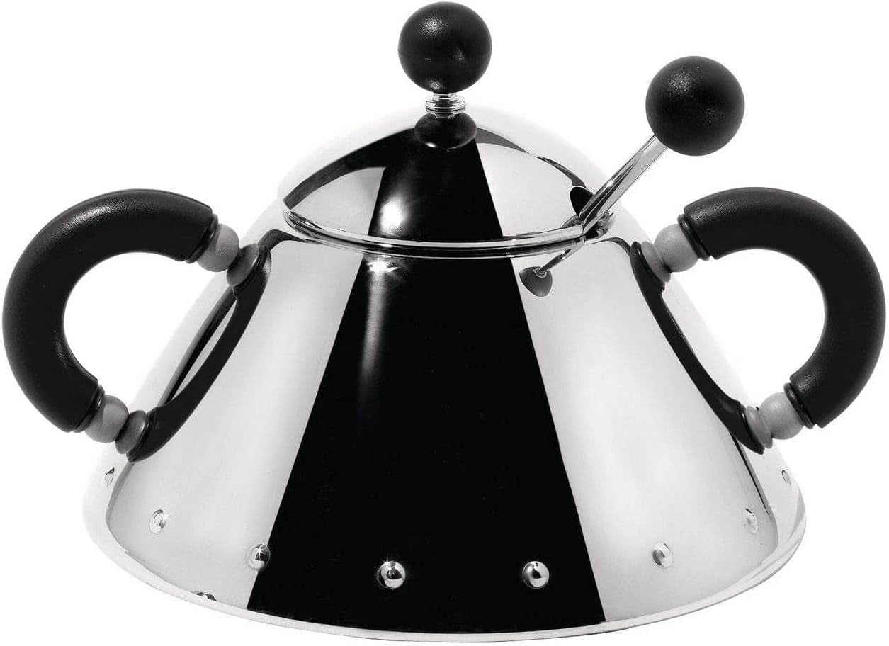 Tetera Alessi con cuchara de acero inoxidable, asas y pomo de PA, negra