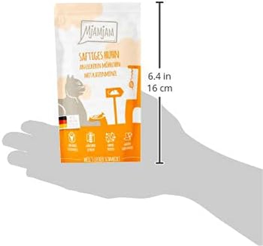 MjAMjAM - Comida húmeda premium para gatos - Bolsa exprimible - Pollo jugoso con deliciosas zanahorias Paquete de 12 (12 x 125 g) Sin cereales con carne extra