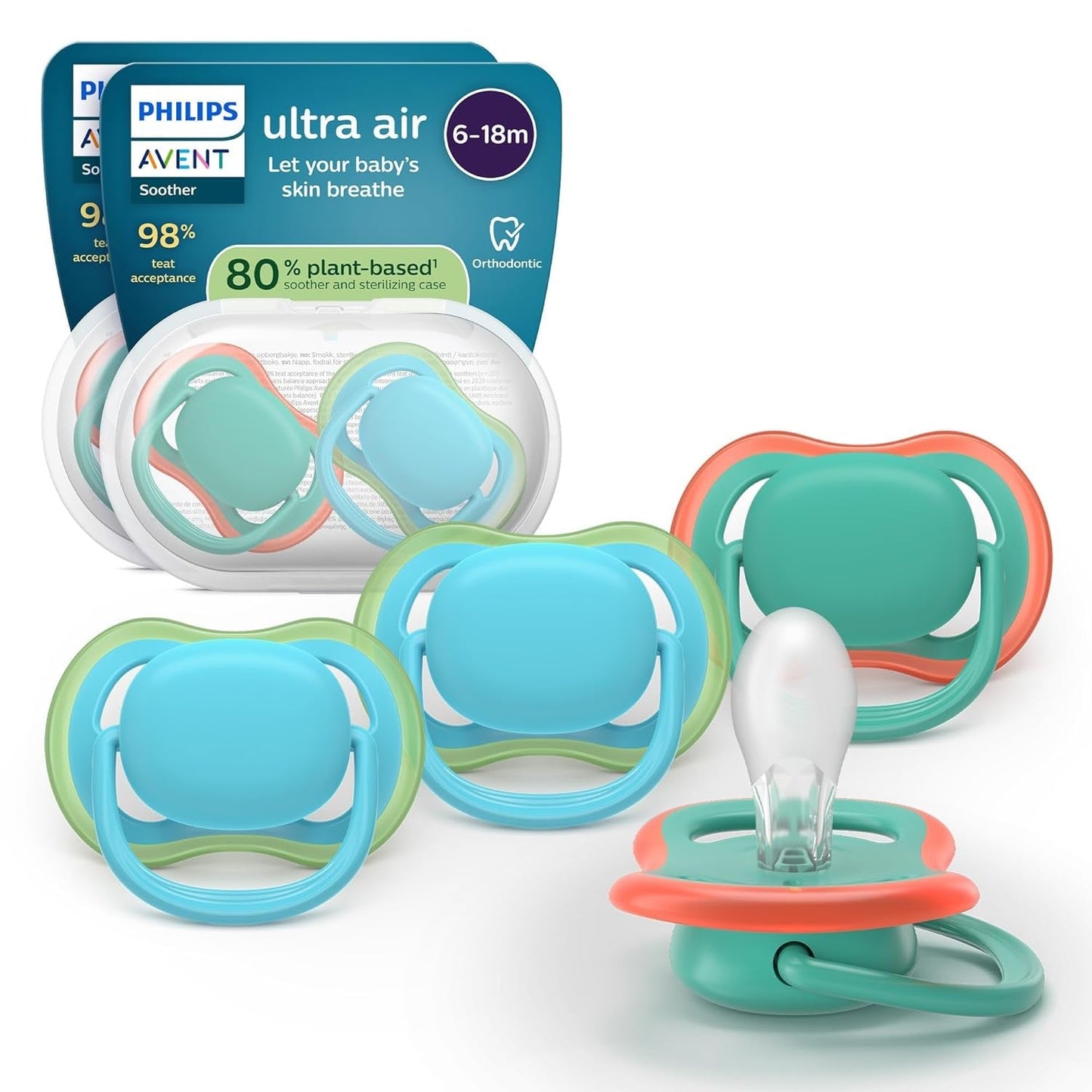 Chupetes Philips AVENT ultra air - pack de 4 chupetes transpirables sin BPA para bebés de 6 a 18 meses, incluido estuche de transporte y esterilización, patrón tortuga/ballena (modelo SCF085/66)