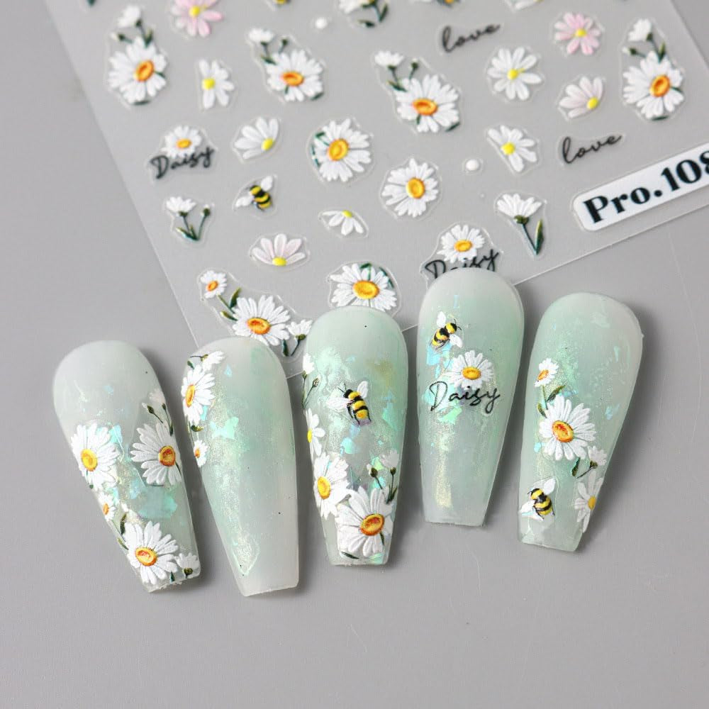 5 uds Geprägte Gänseblümchen Nagelsticker Selbstklebend Blumen Nagelaufkleber Gänseblümchen Schmetterling Nagel Sticker Nageldesign Aufkleber Nägel Zubehör Blume Nail Sticker Flower Nail Art Stickers