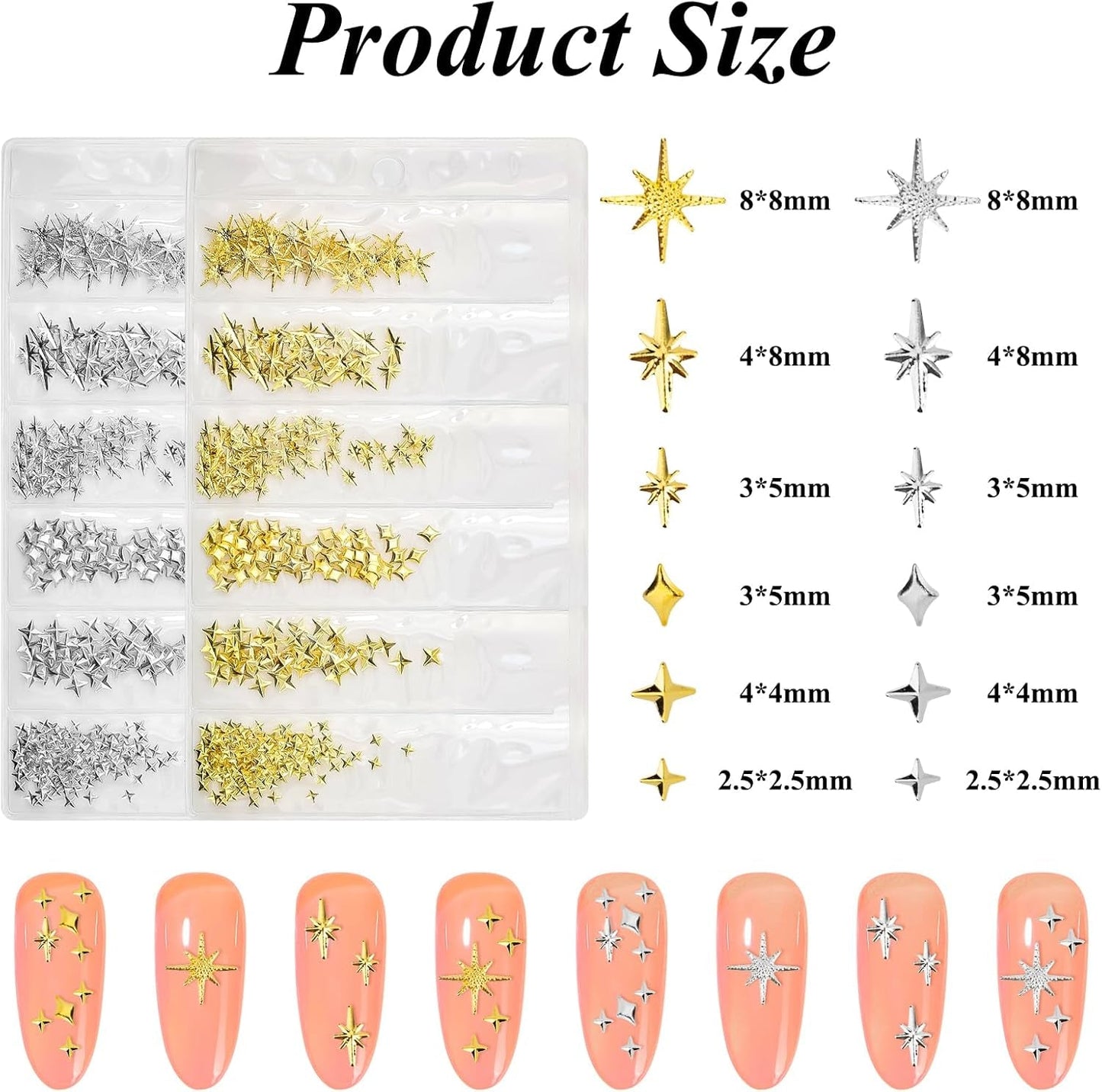 400 Stück Gold Silver Stern Nail Charms Nägel, 3D Metall Star Nagelkunst Dekorations, Star Nail Design Gemischt Größe Form Nägel Zubehör