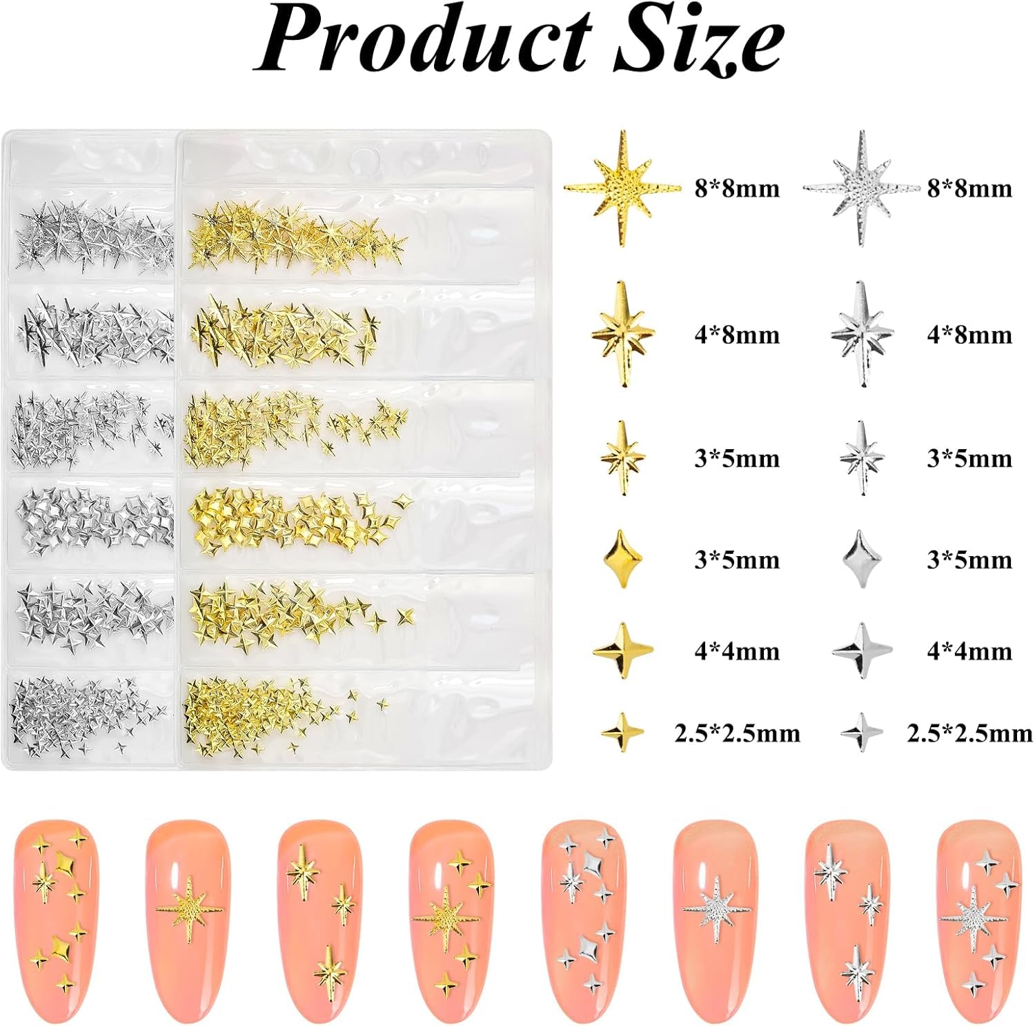 400 Stück Gold Silver Stern Nail Charms Nägel, 3D Metall Star Nagelkunst Dekorations, Star Nail Design Gemischt Größe Form Nägel Zubehör