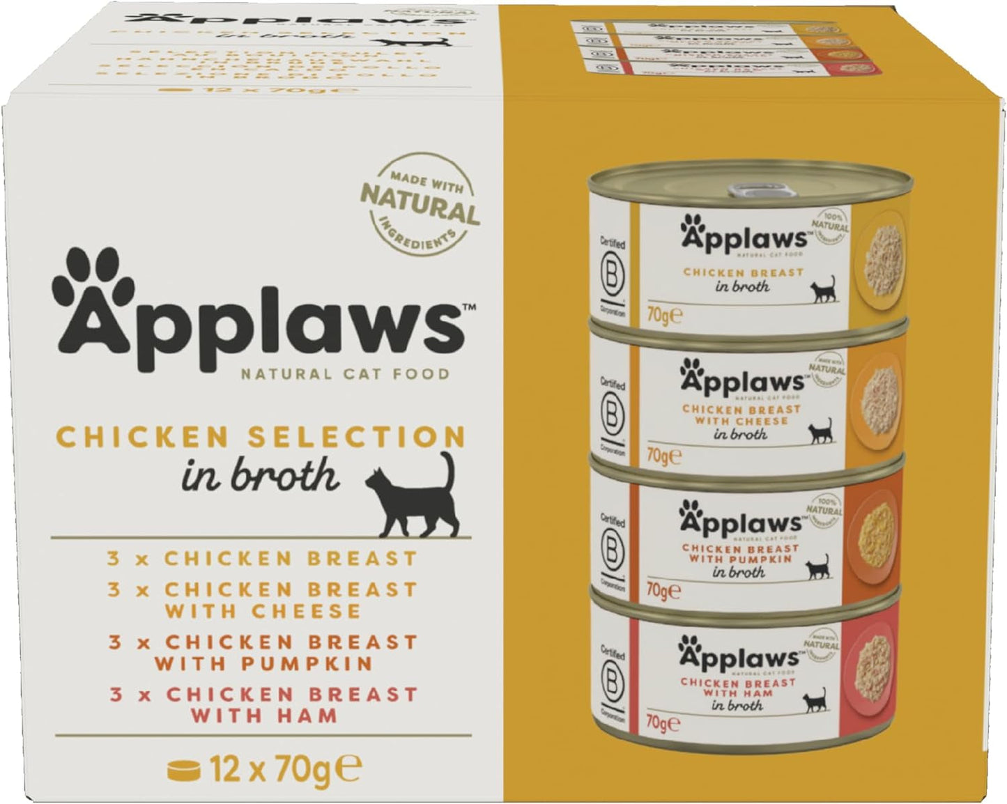 Applaws Selección de caldo de pollo para gatos adultos, alimento húmedo premium 100 % natural, paquete de 4 cajas (12 x 70 g)