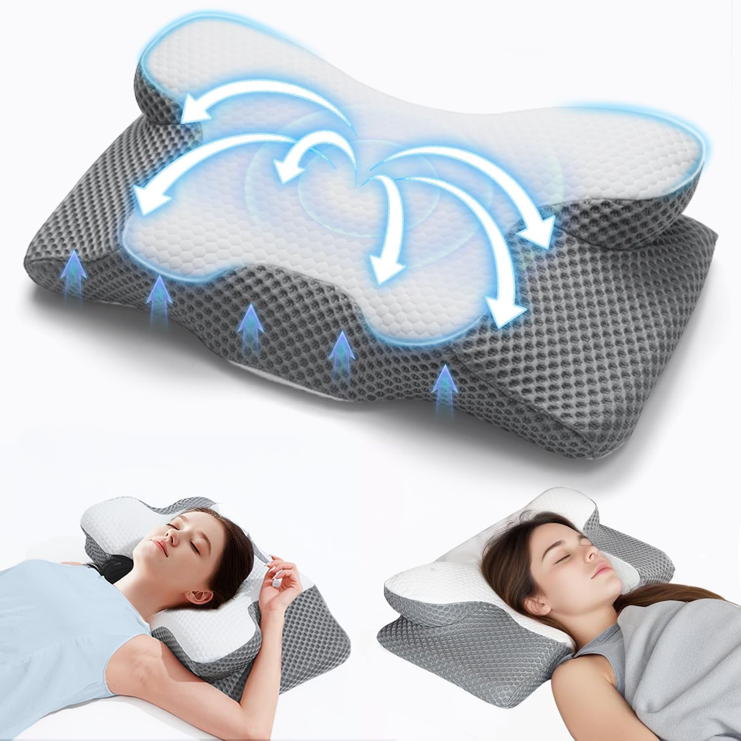 Almohada para el cuello 2 en 1, almohada de espuma viscoelástica, almohada ortopédica ergonómica, 2 alturas para dormir, almohada de apoyo para el cuello para soporte lateral/espalda/barriga Almohadas ortopédicas cervicales Naty Shop Gris