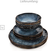 SANGER | Juego de vajilla Tokyo Juego de vajilla de gres de 12 piezas para 4, incluidos platos llanos, platos de postre y tazones, azul oscuro con detalles en negro | LA COLECCIÓN PREMIUM