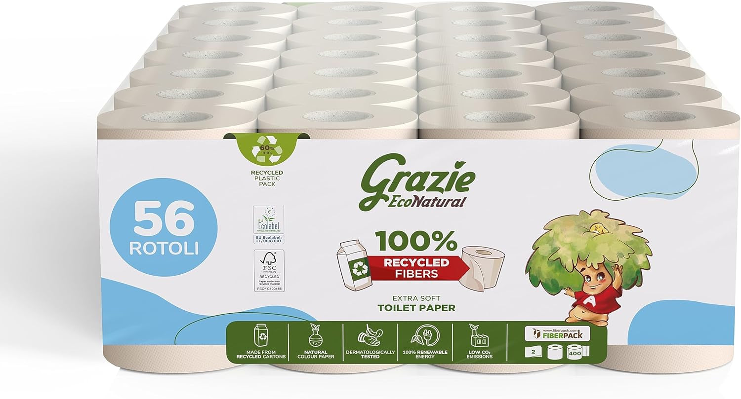 Grazie Natural Papel Higiénico Econatural, 56 Rollos, Papel Higiénico Reciclado Fibrepack, 100% Ecológico, Eco-Friendly, Certificado Ecolabel y FSC Reciclado, Hecho en Italia