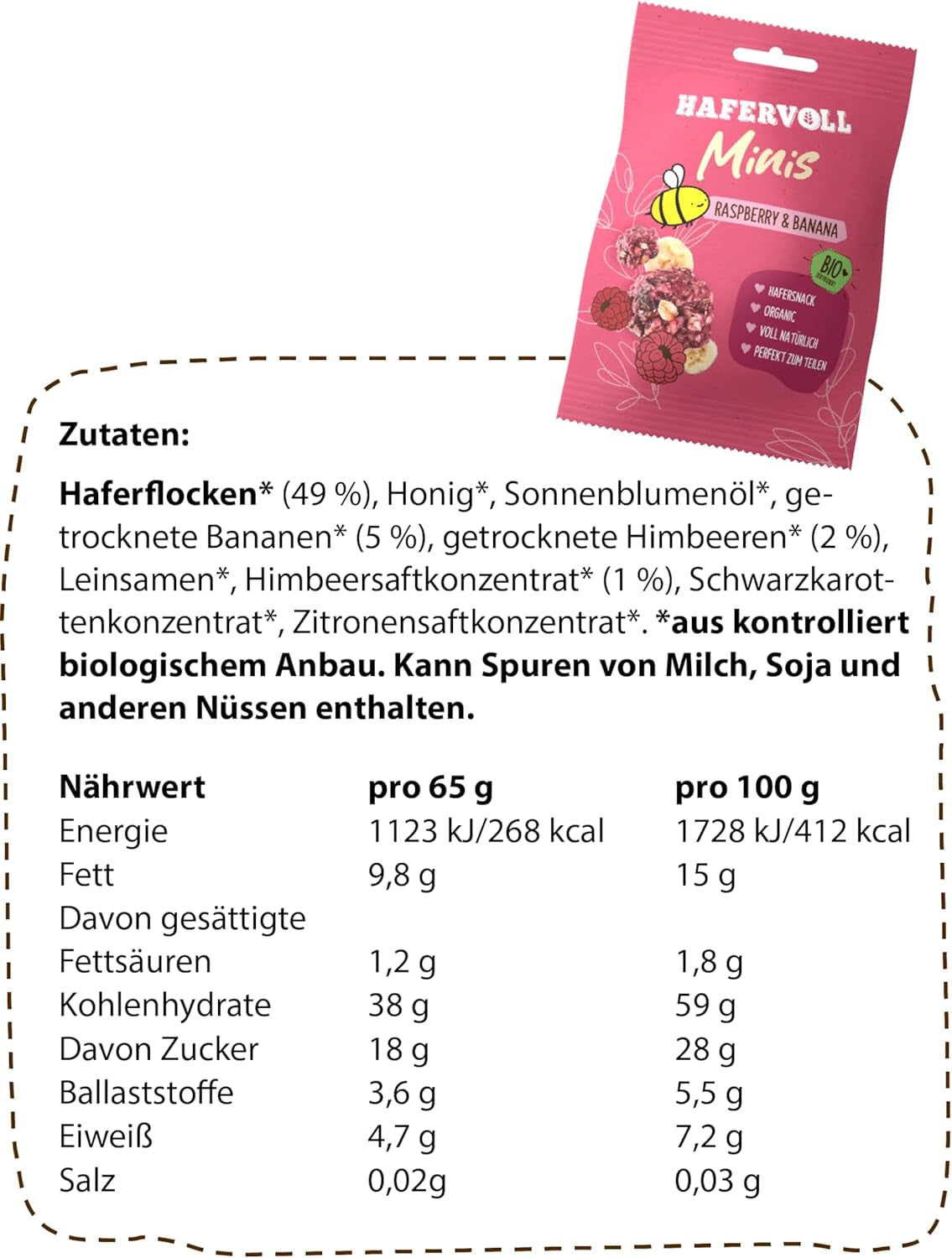 HAFERVOLL Minis Colza y Plátano 8x 65g - Certificado orgánico, con miel, sin azúcar añadido, perfecto para compartir