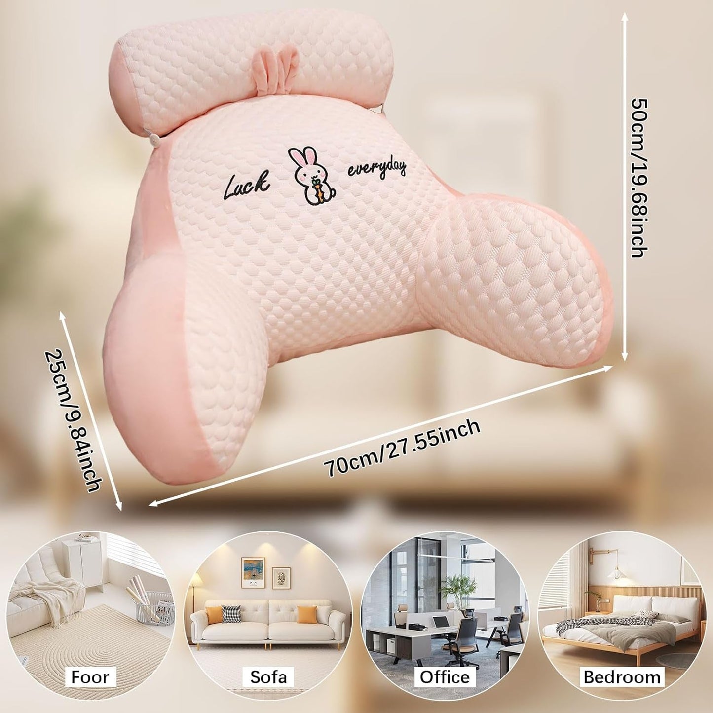 Almohada de lectura, almohada de cama, almohada de espalda extra grande para adultos de 70 x 50 cm para leer con rollo de cuello desmontable y brazo de apoyo, cómoda almohada de lectura para cama y sofá (rosa, extra grande)