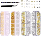 Juego de 4 cajas de llaveros para uñas - 48 tipos de llaveros para uñas 3D dorados y plateados (mariposas, flores, perlas, etc.) + pinzas y bolígrafo - Para uñas acrílicas y de gel DIY | Ideal para salón de uñas y hogar.