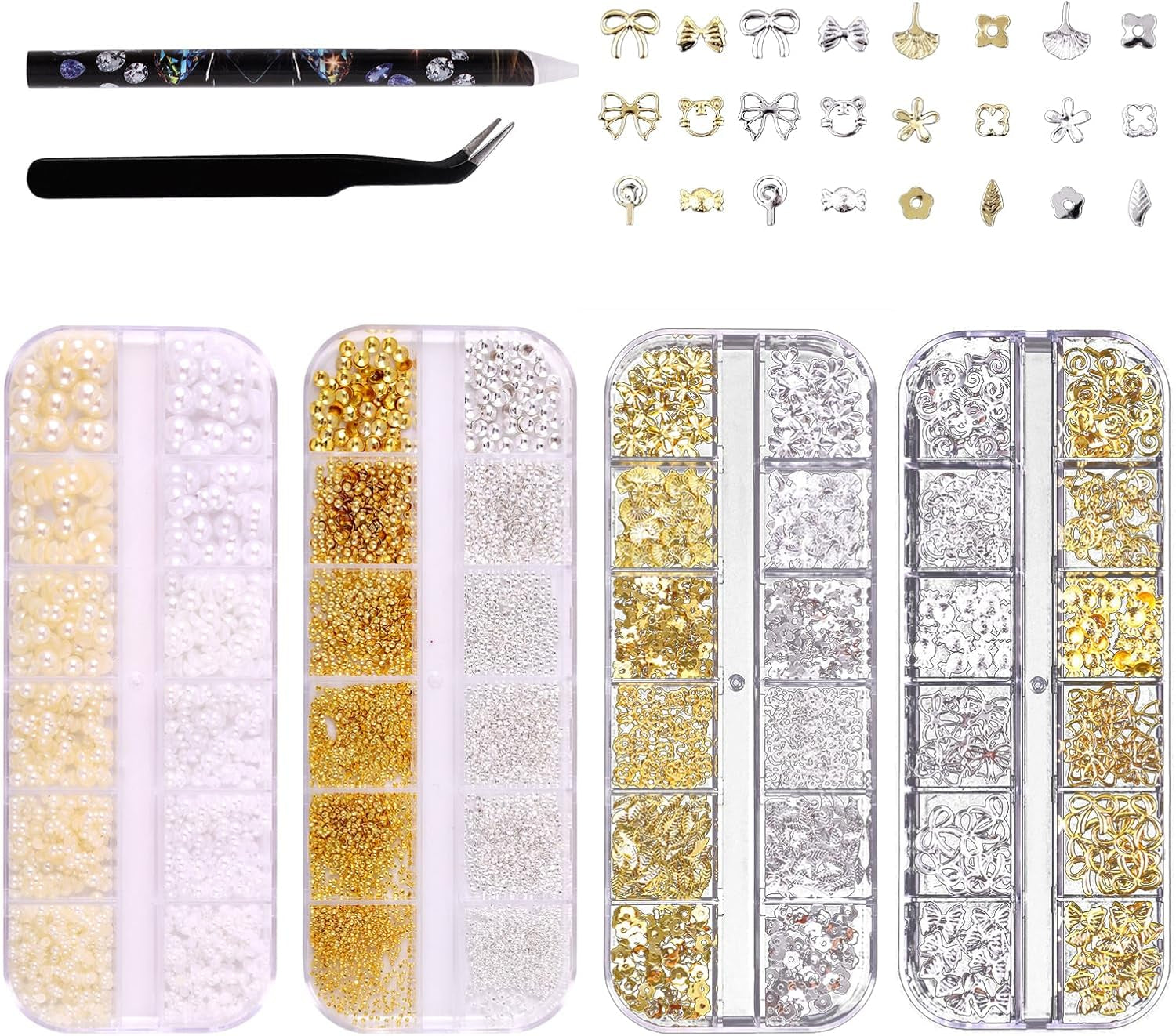 Juego de 4 cajas de llaveros para uñas - 48 tipos de llaveros para uñas 3D dorados y plateados (mariposas, flores, perlas, etc.) + pinzas y bolígrafo - Para uñas acrílicas y de gel DIY | Ideal para salón de uñas y hogar.