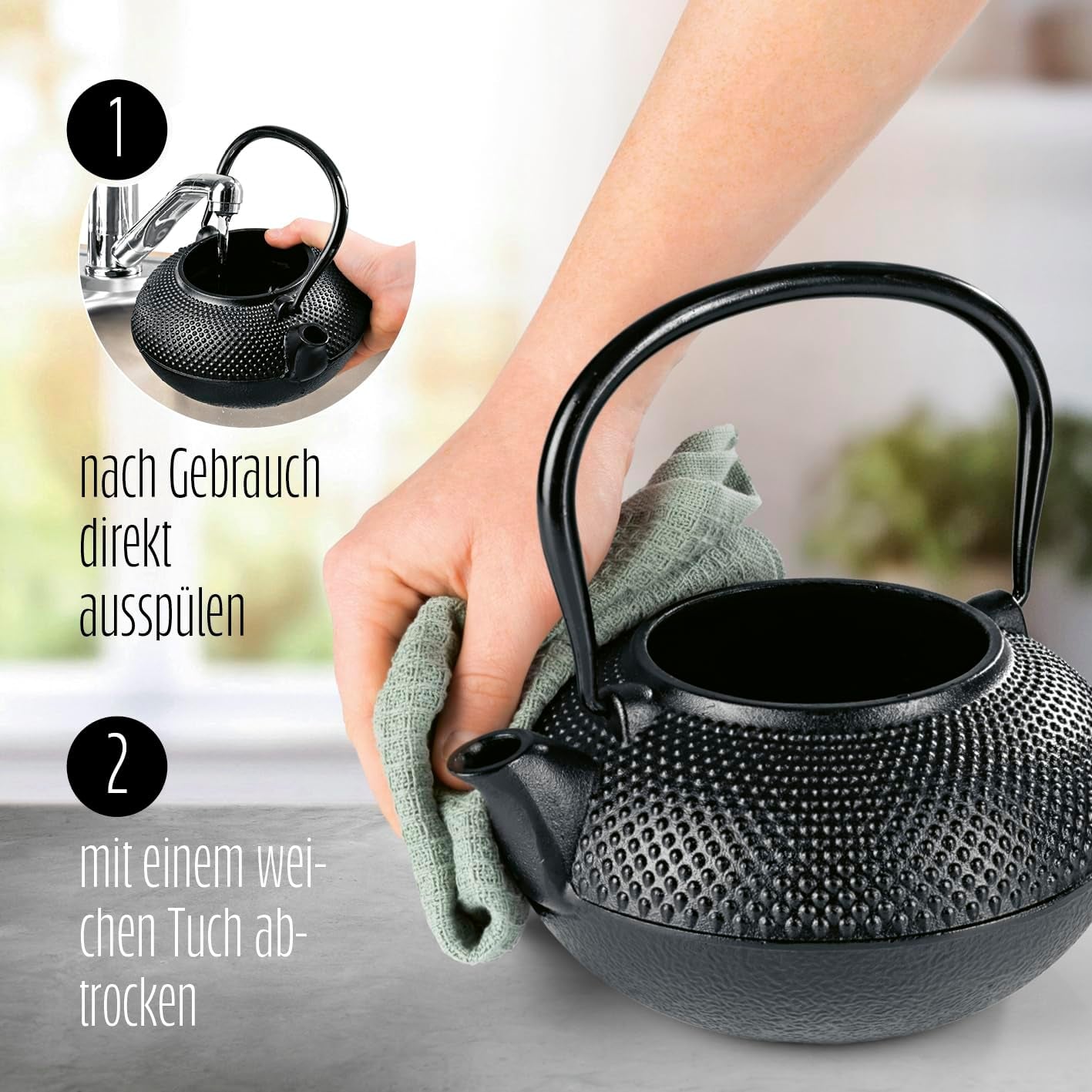 Juego de té Lumaland de 8 piezas | Tetera de hierro fundido Tetsubin de 1,4 litros | Calentador de hierro fundido | 2 tazas de té y 2 platillos | Juego de té japonés que incluye cuchara medidora de bambú e infusor de acero inoxidable.