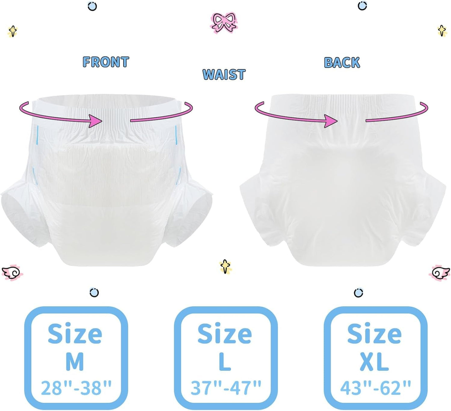CutiePlusU Pañales para adultos, superficie seca, máxima absorbencia durante la noche, pañal desechable para incontinencia - azul, rosa, blanco, paquete de 3 (mediano 71-96 cm)