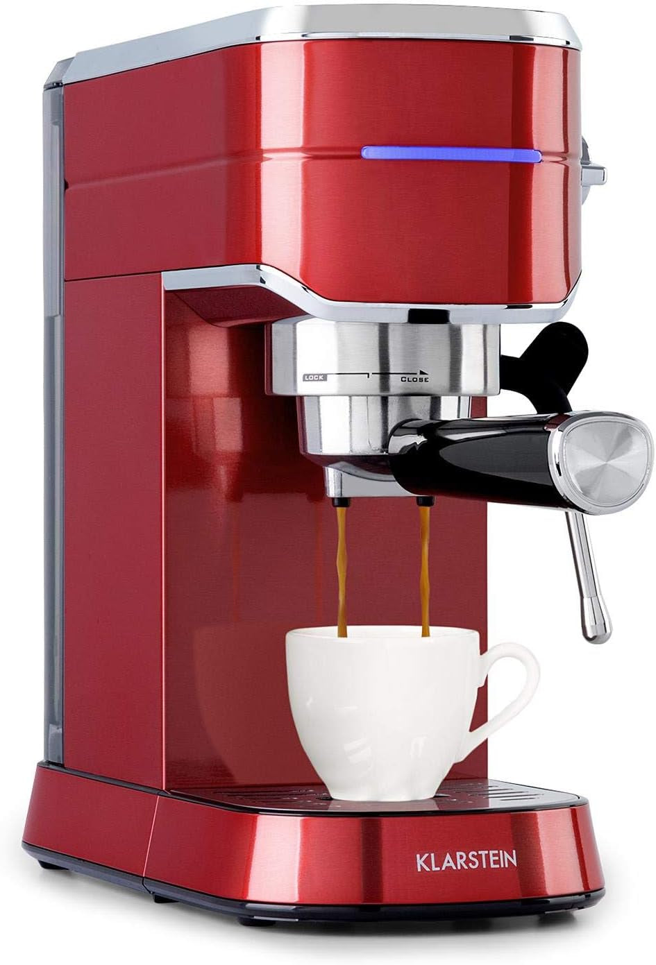 Klarstein Futura Cafetera espresso, Cafetera espresso portátil con filtro, 1450 W, 20 bar, Calidad barista, Doble boquilla, Parada de flujo, Cafetera espresso portátil con filtro, Función espumador de leche, Plata