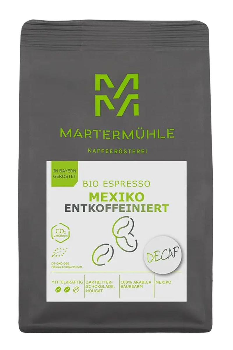 Martermühle Mexiko Bio Espressobohnen entkoffeiniert 1kg mittelkräftig I Arábica I Sabor: Turrón, Zartbitterschokolade I Ganze Bio Espresso-Bohnen schonend geröstet, säurearm