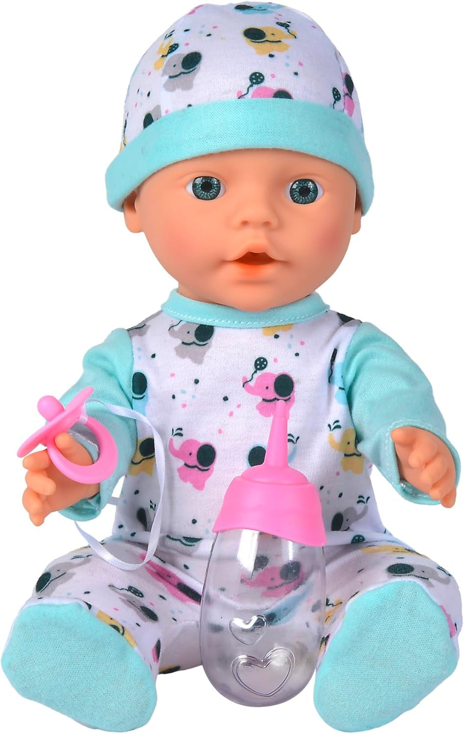 Muñeco Bebé Recién Nacido Elefantito Vinilo con Función Comer y Beber, Biberón y Chupete, 30cm, Muñecas 2 años Naty Shop
