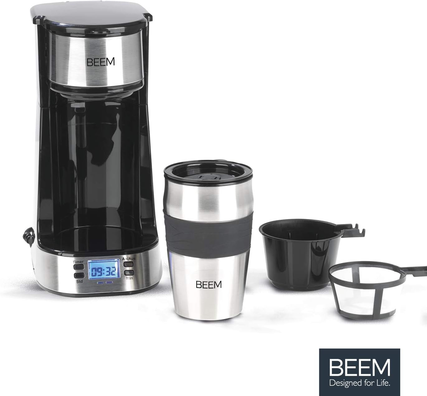 BEEM THERMO 2 GO Cafetera espresso monofiltro con vaso térmico de 0,4 l | Filtro permanente | Con temporizador de 24 horas para tomar una taza de café caliente por la mañana, sin esperas | 750 vatios