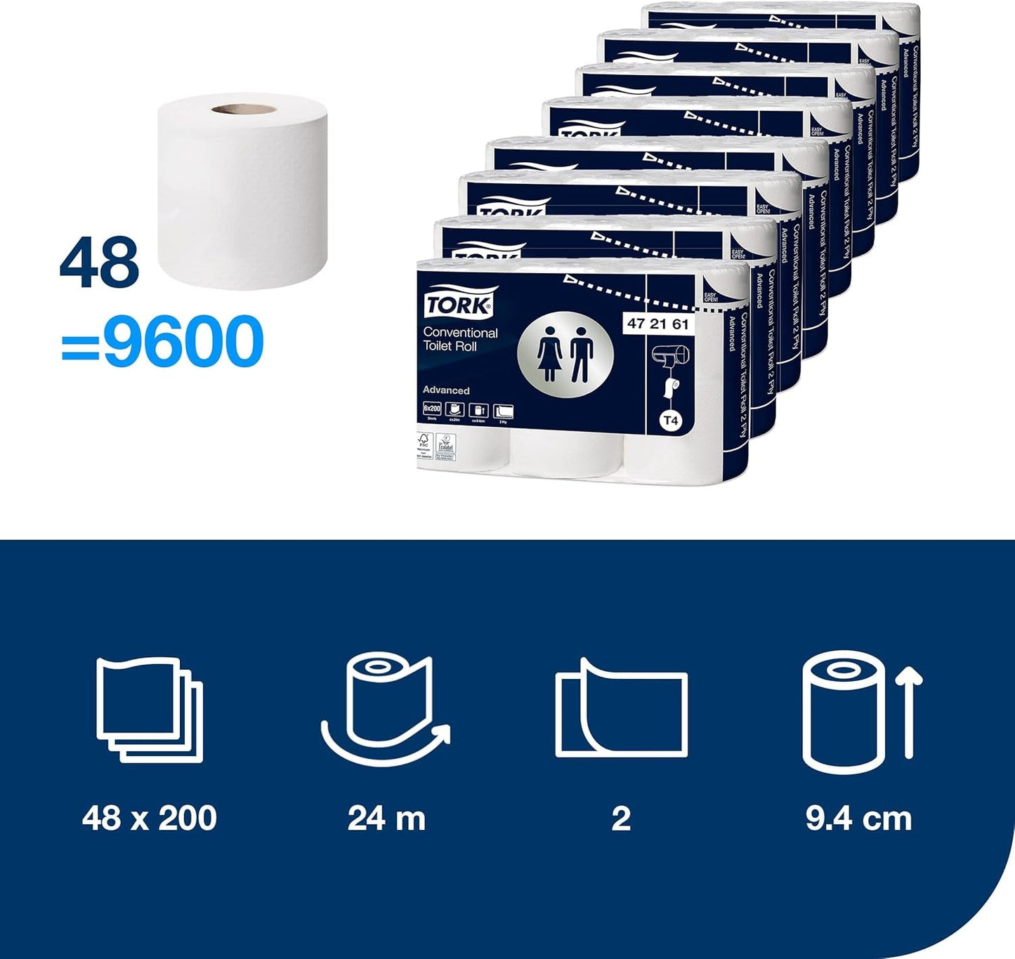 Papel higiénico Tork Small Roll White T4, Advanced, 2 capas, 48×200 hojas, 472161