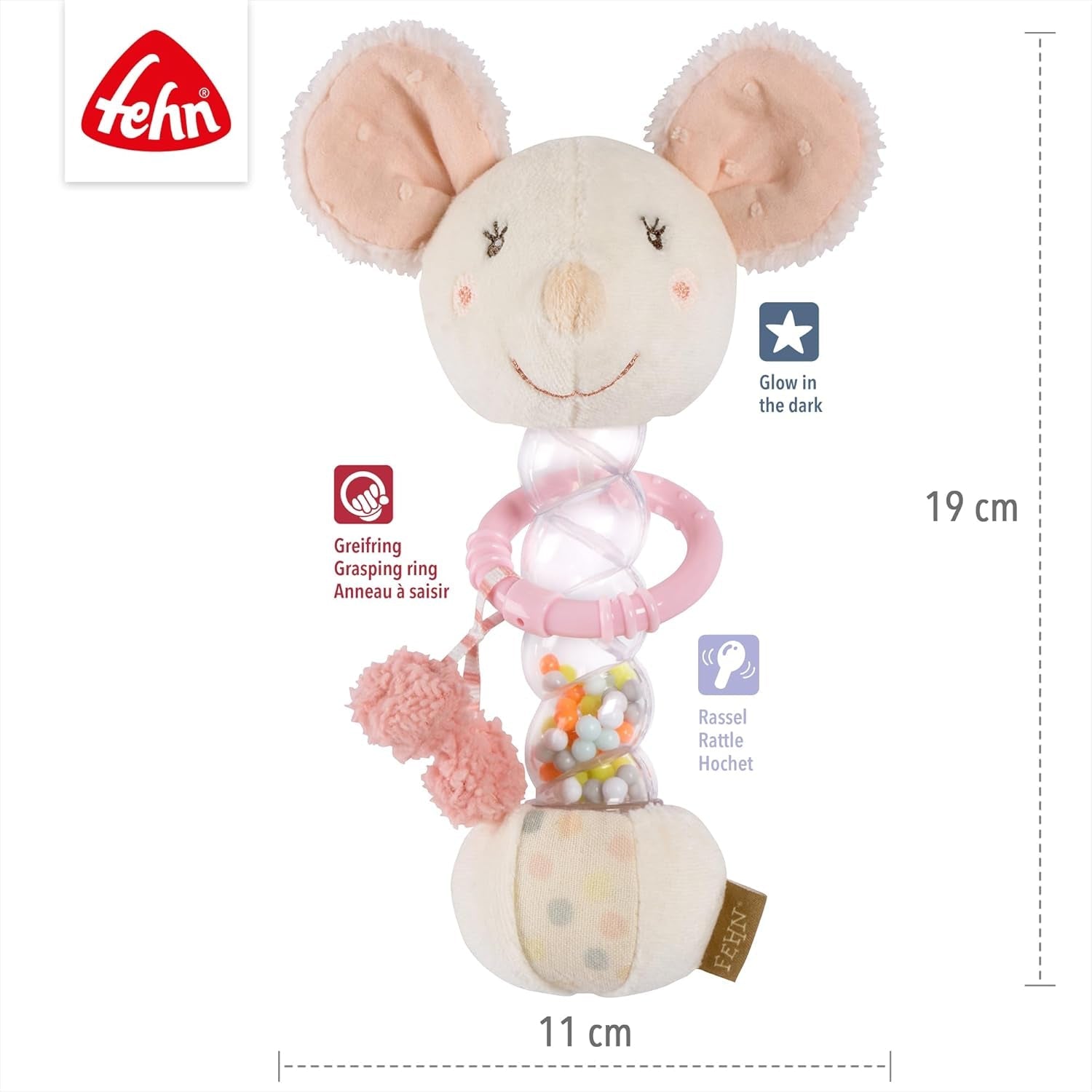 Ratón hace lluvia Fehn - juguete de motricidad con cascabel para agarrar y hacer ruidos - el palo de cascabel estimula de forma lúdica los sentidos y la motricidad - para bebés y niños pequeños a partir de 0 meses Baby Toys Naty Shop