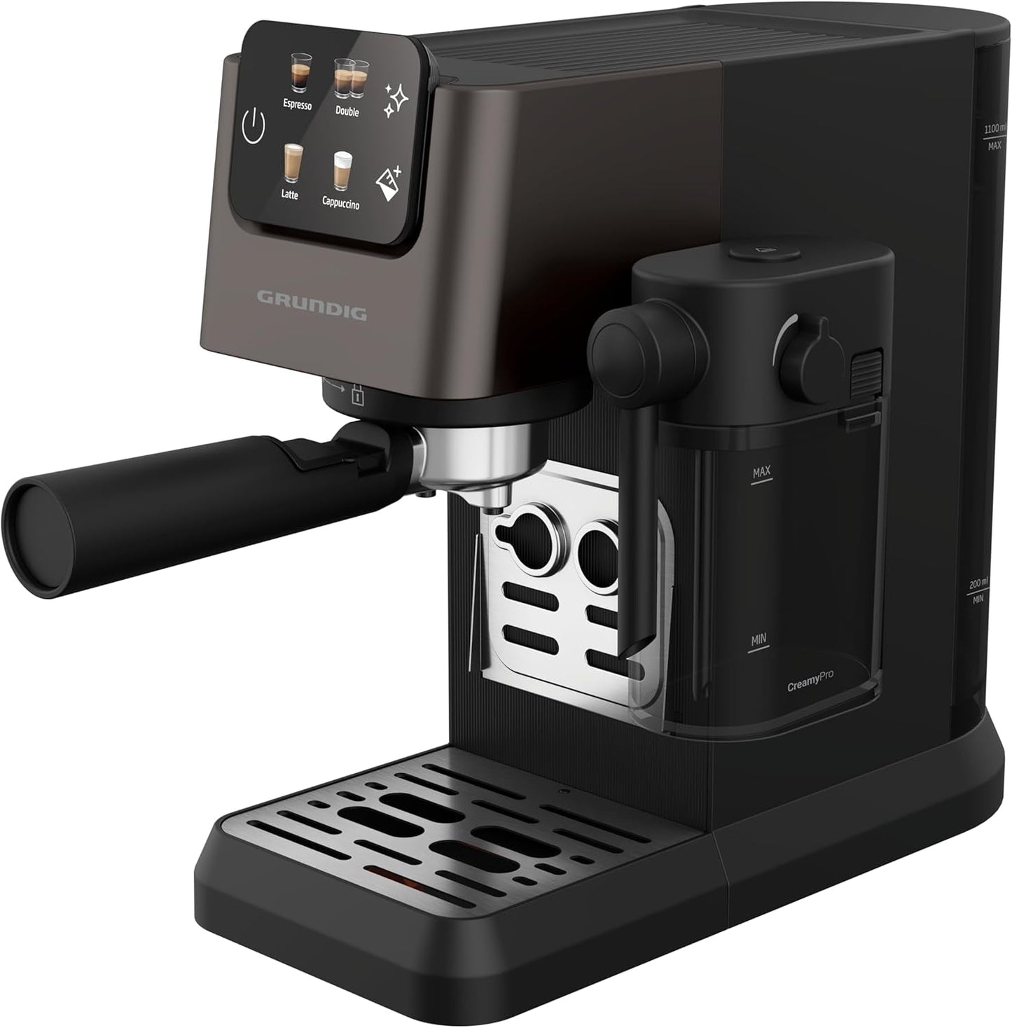 Cafetera espresso con portafiltro GRUNDIG KSM 5330 con depósito de leche integrado, potencia 1628 W, presión de bomba 15 bar, doble boquilla, pantalla táctil a color, BrewSense, CreamyPro, Acero inoxidable oscuro/Negro