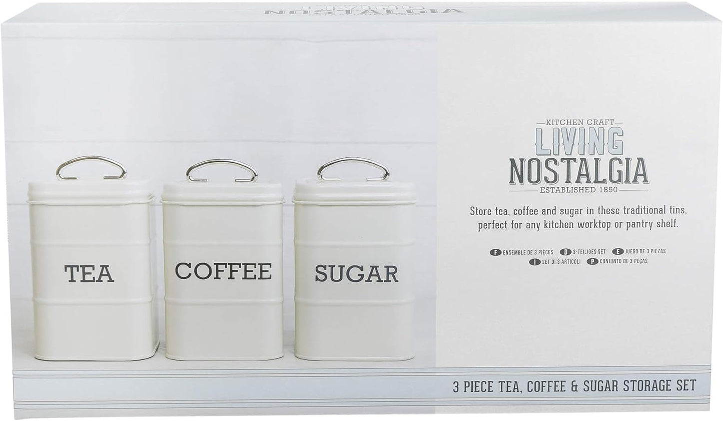 KitchenCraft Living Nostalgia Juego de 3 tarros de almacenamiento para té, azúcar y café en caja de regalo, acero, crema envejecida, 11 cm x 11 cm x 17 cm, cajas de almacenamiento de alimentos azul vintage Naty Shop