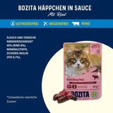 Bozita Bolsa Comida húmeda en trozos en salsa de ternera - 12 sobres x 85g Comida húmeda para gatos sin cereales ni trigo - Comida húmeda para gatos adultos con 8,5% de proteínas y 4,5% de grasas