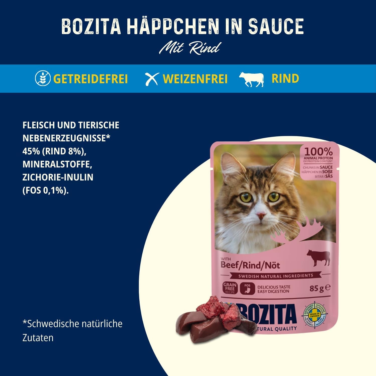 Bozita Bolsa Comida húmeda en trozos en salsa de ternera - 12 sobres x 85g Comida húmeda para gatos sin cereales ni trigo - Comida húmeda para gatos adultos con 8,5% de proteínas y 4,5% de grasas
