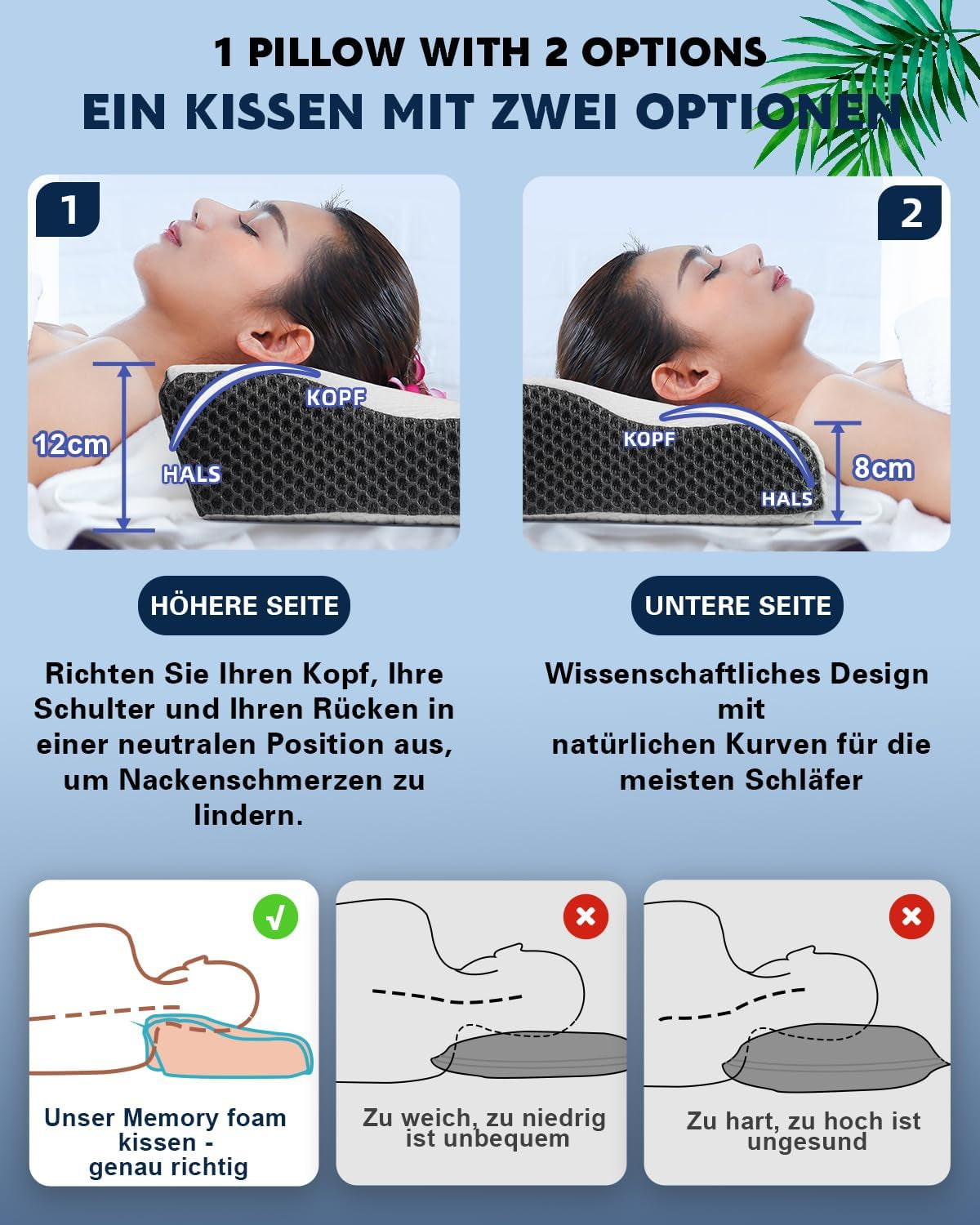 IDEA Almohada, Almohada Ortopédica Ergonómica para Dolor de Cuello, Almohada Viscoelástica para Dormir de Lado, Espalda y Abdominal, Almohada Antironquidos para Hombres Mujeres (62*34.5*12/8CM) Almohadas Ortopédicas Cervicales Naty Shop