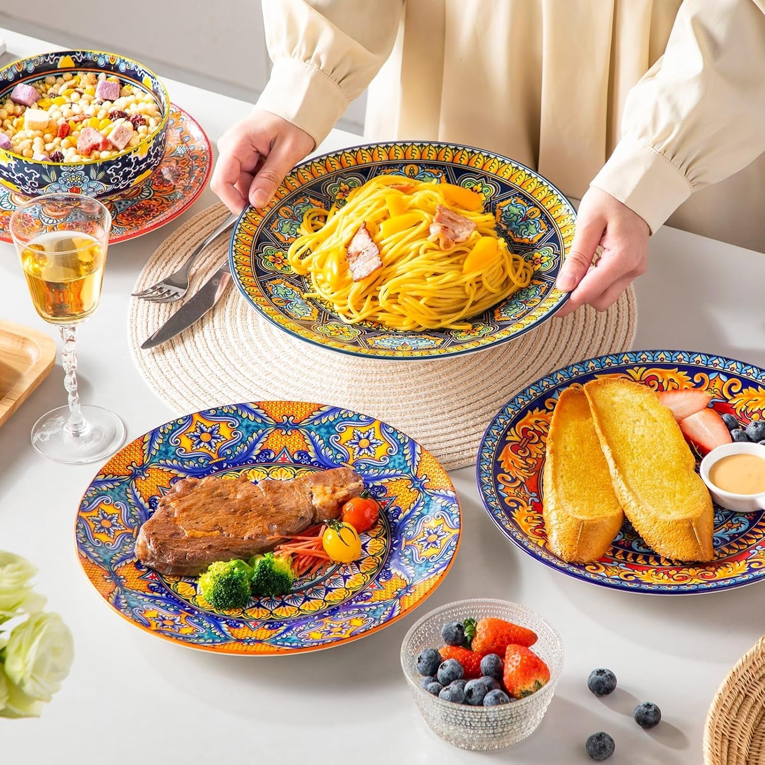 Juego de platos llanos para 6 personas, juego de platos vancasso KRVI para 6 personas, juego de platos Ø 27 cm, apto para lavavajillas y microondas, platos de pasta, platos de desayuno, platos para tartas